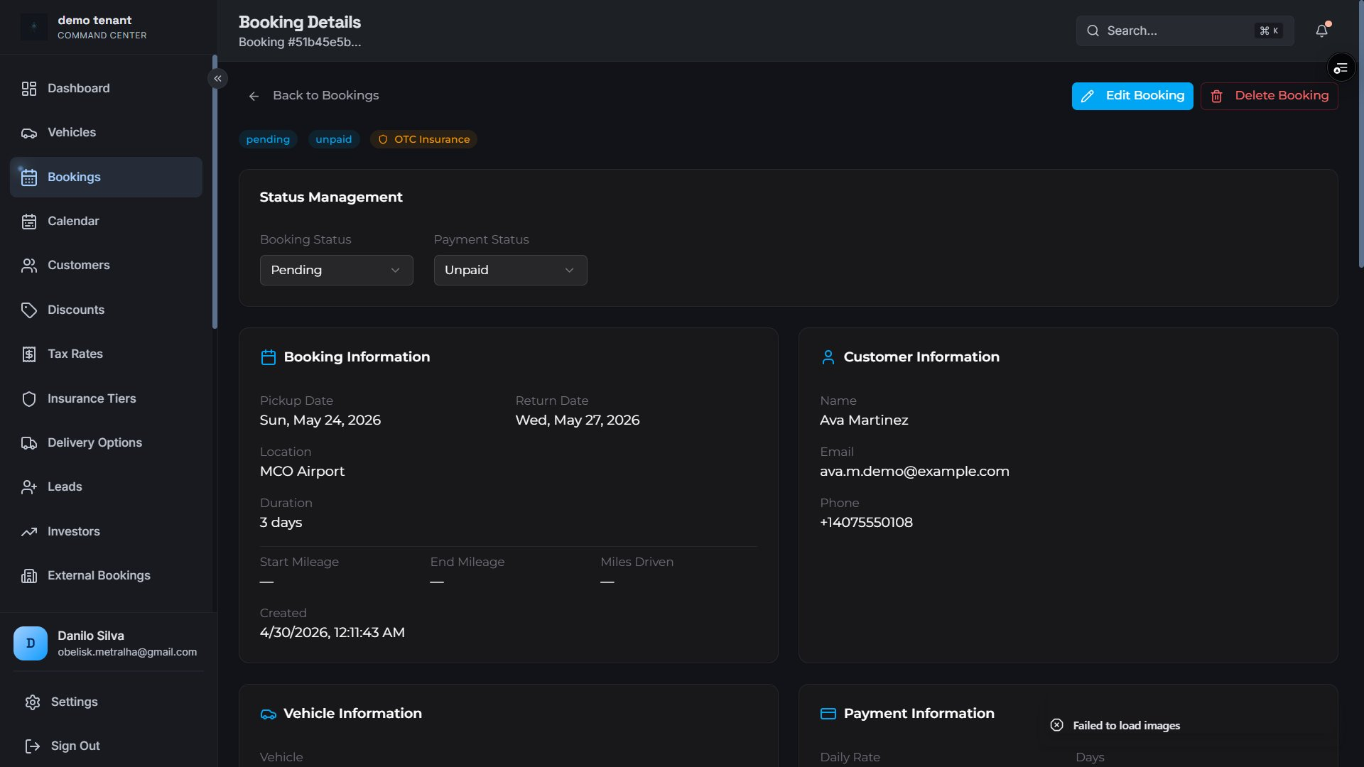 Booking detail — status management, booking and customer information