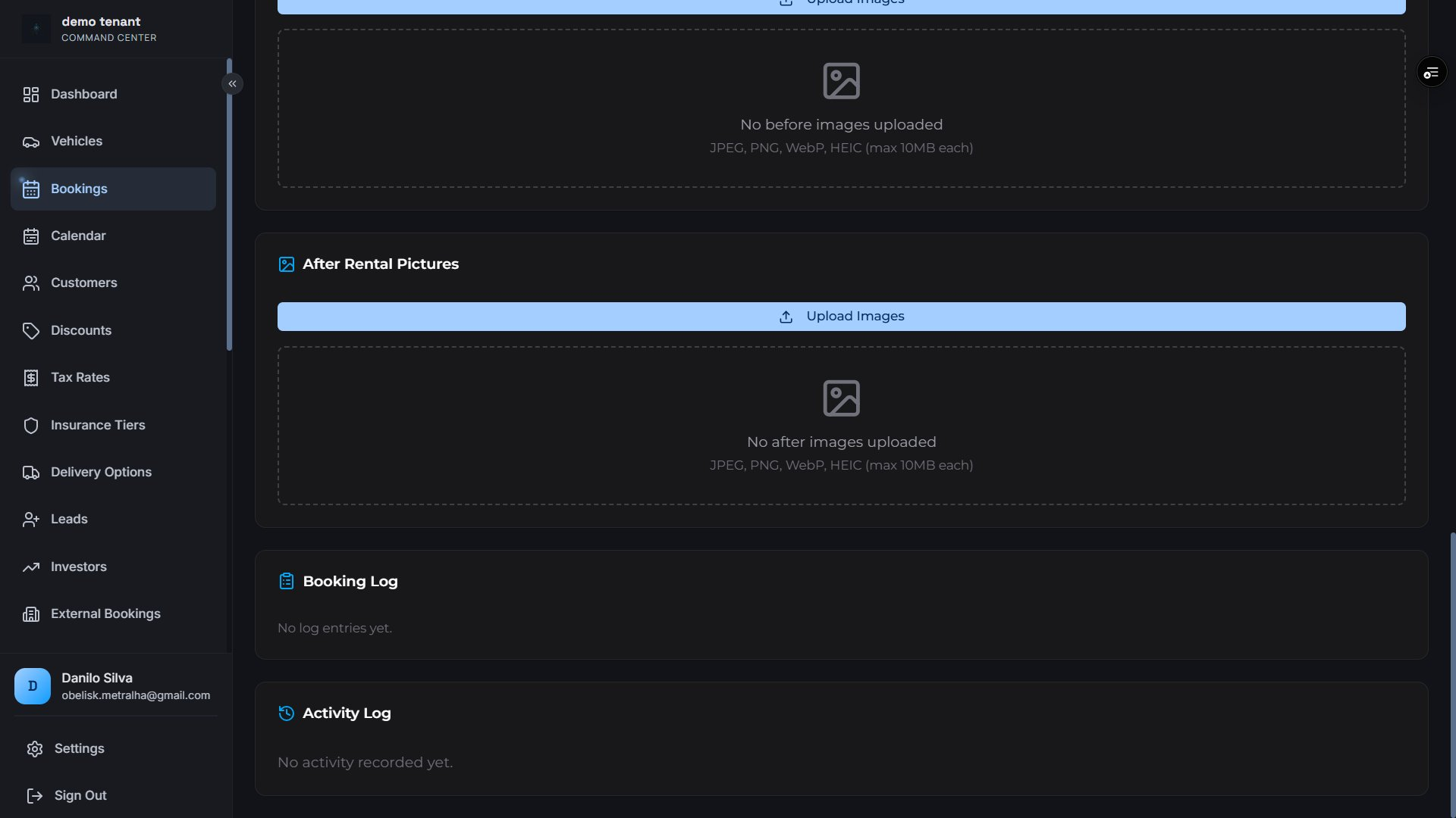 Booking detail — before/after pictures, booking log and activity log