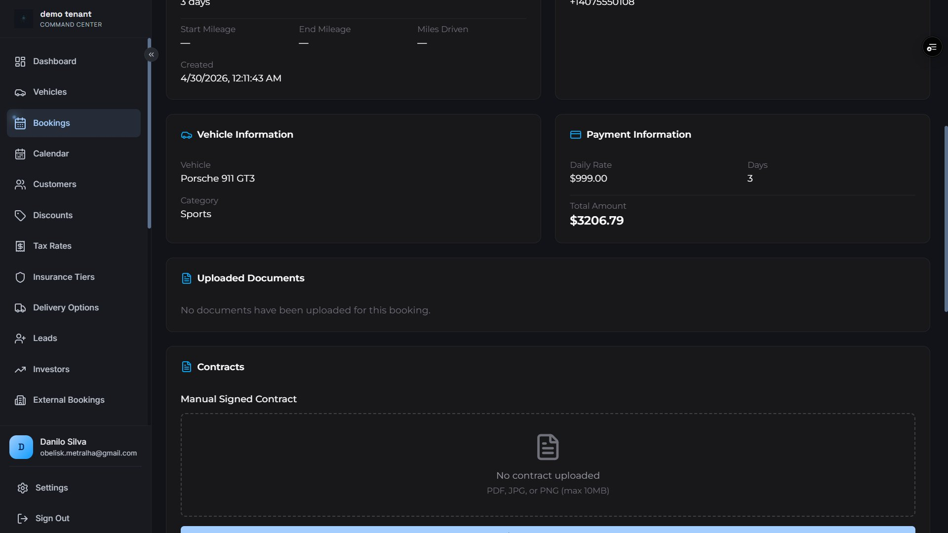 Booking detail — vehicle info, payment, documents and contract upload