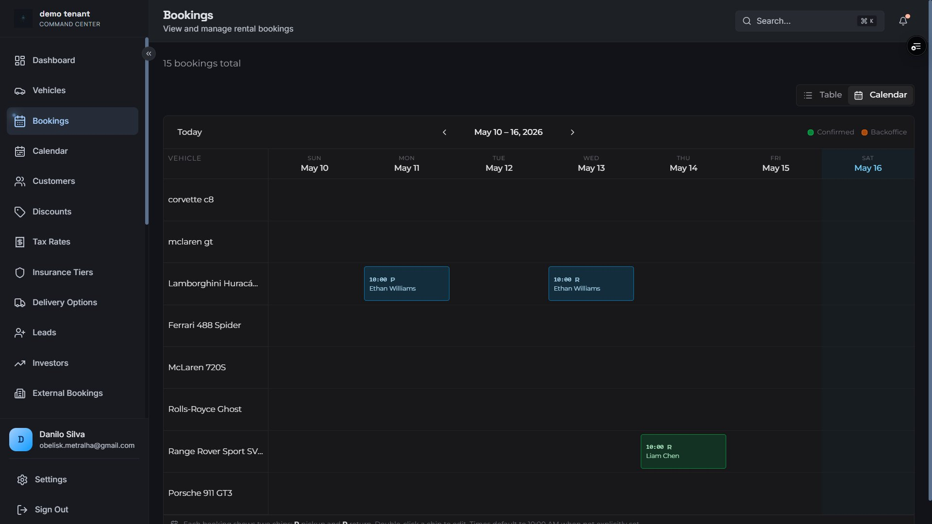 Bookings calendar — fleet timeline view