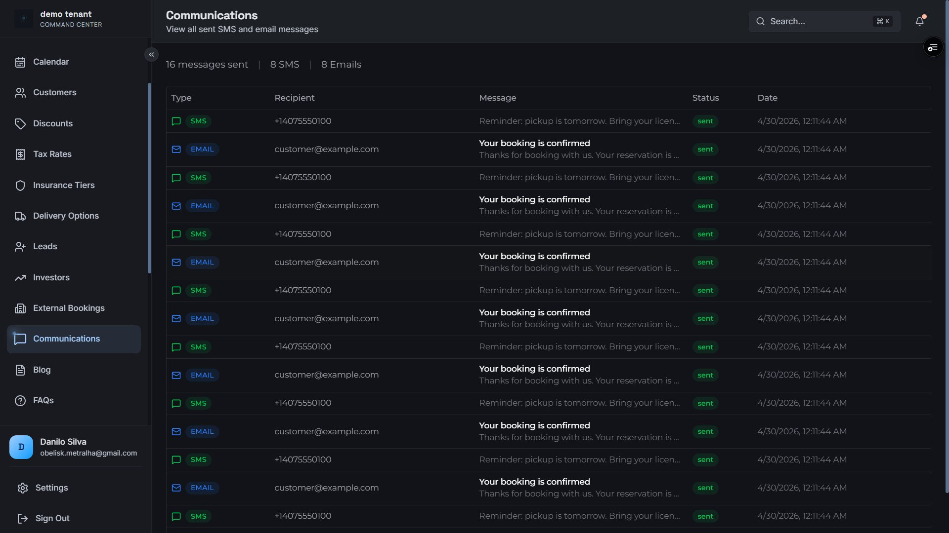 Communications log — SMS and email messages