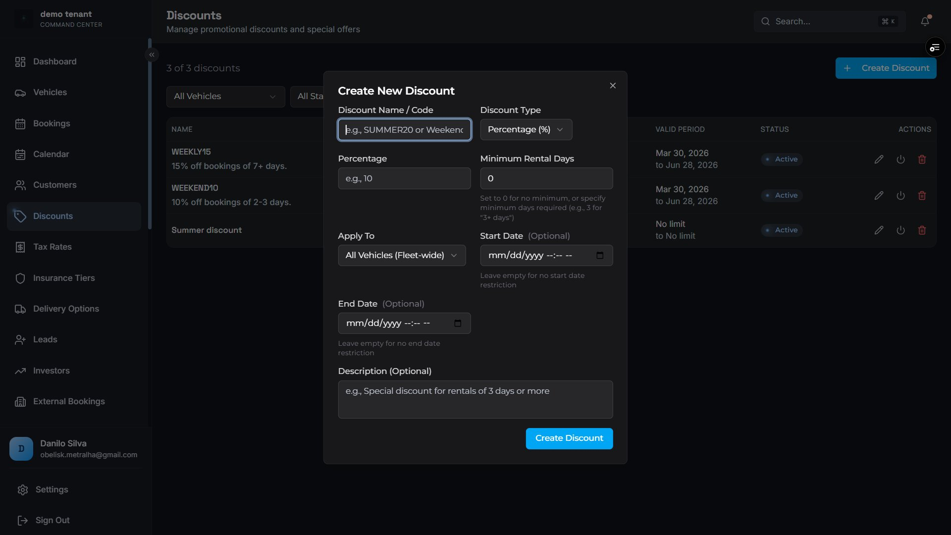 Create new discount modal