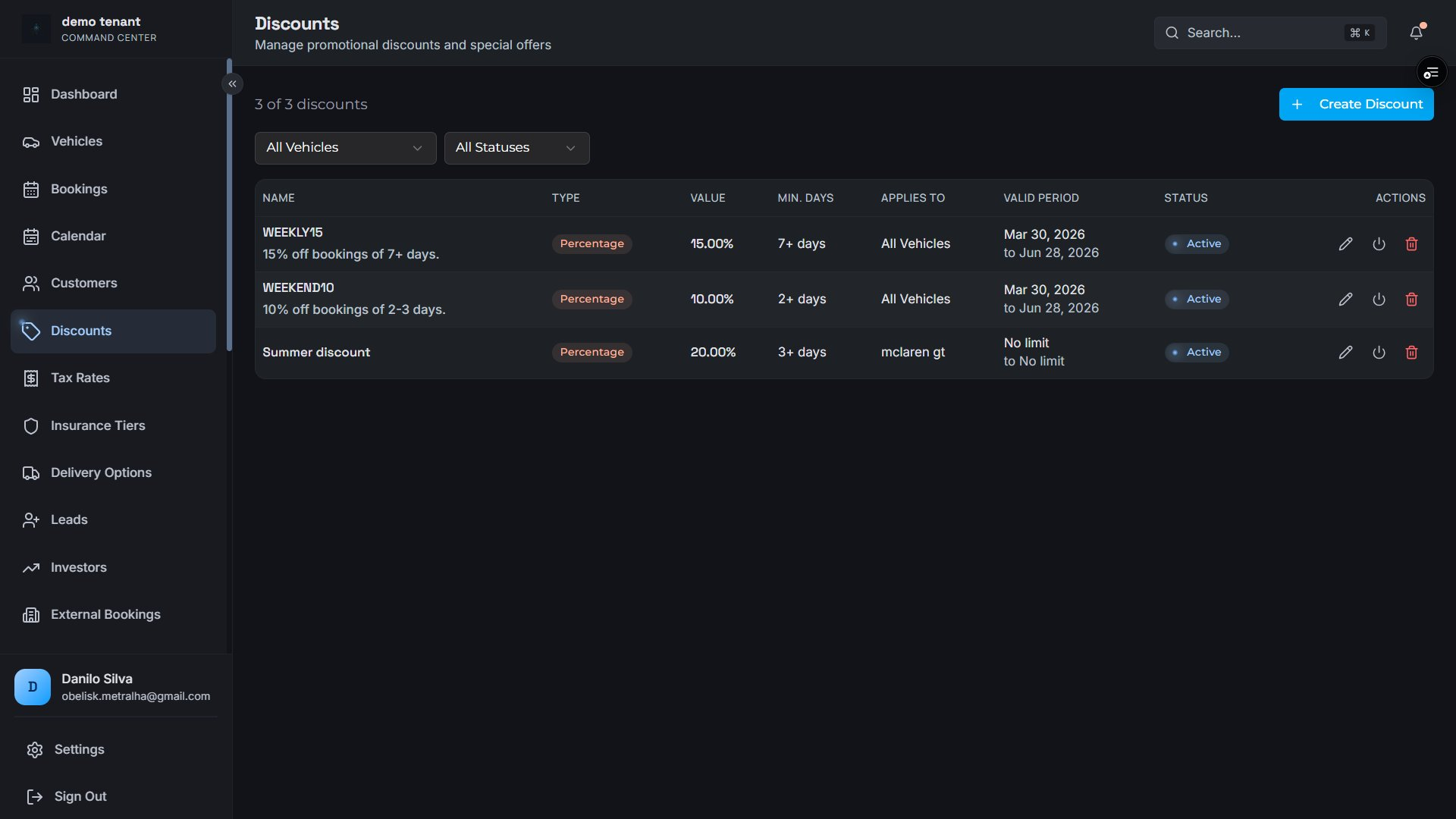 Discount codes management list