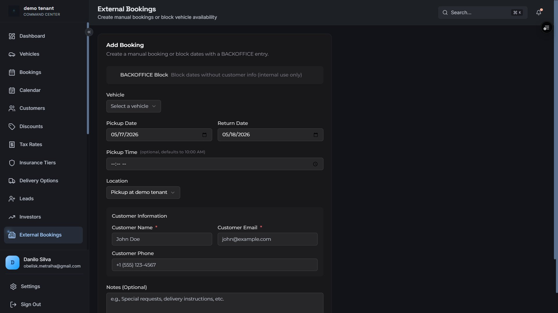 External / manual booking creation form