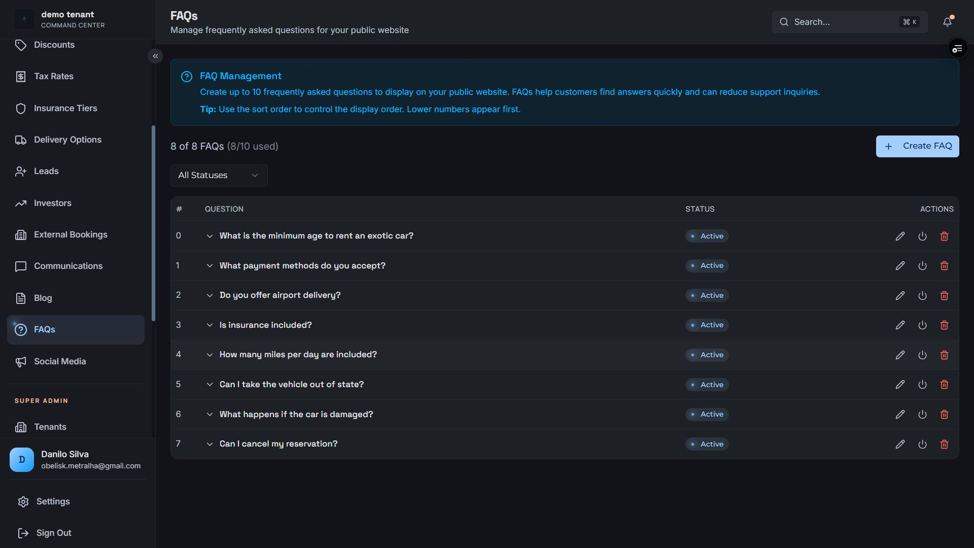 FAQ management — ordered questions with status controls