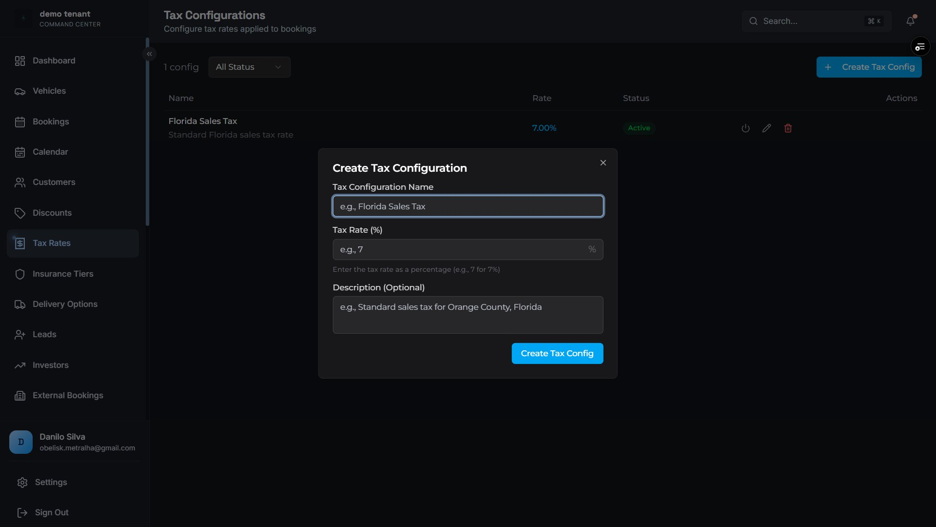 Create tax configuration modal