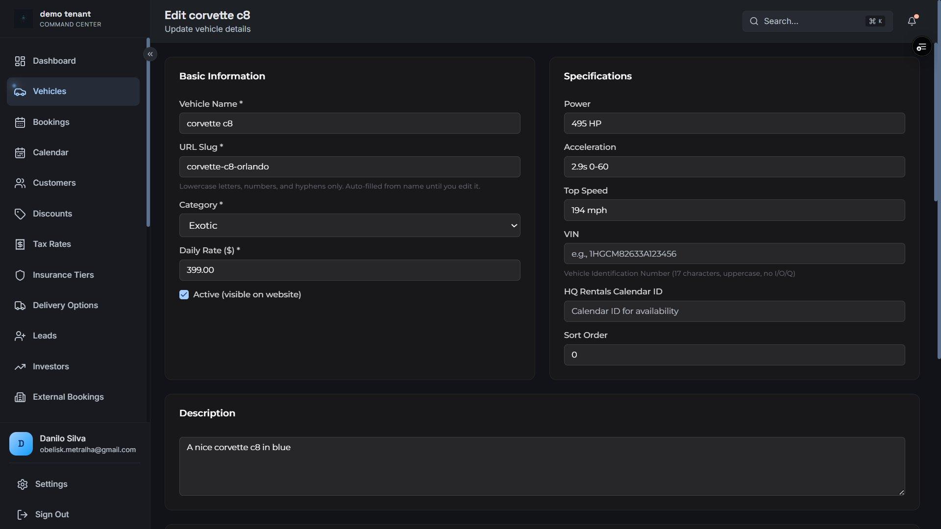 Vehicle edit — basic info and specifications