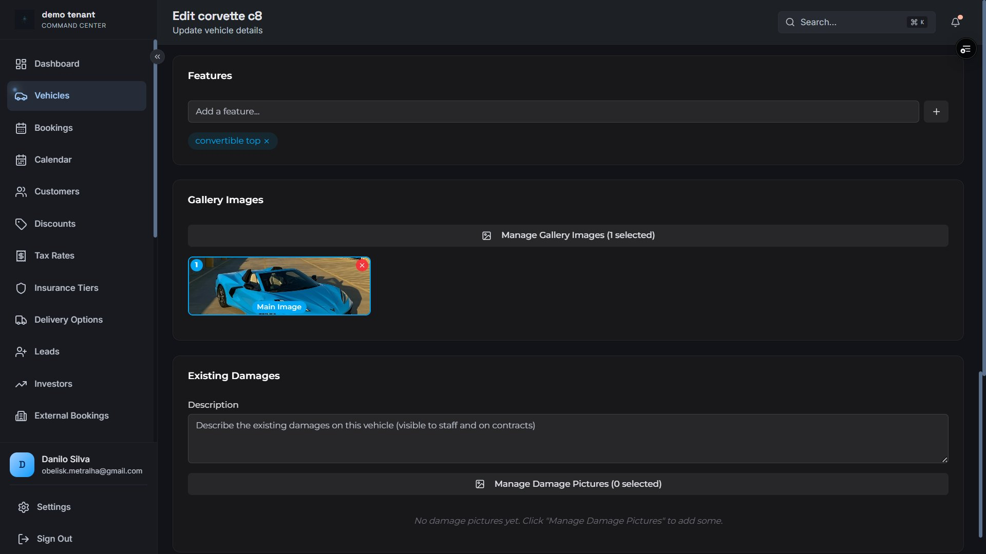 Vehicle edit — features, gallery and existing damage tracking