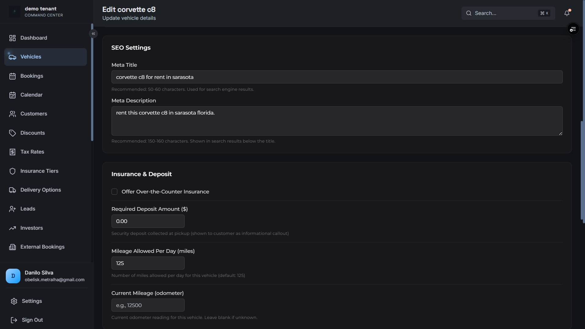 Vehicle edit — SEO settings, insurance and deposit